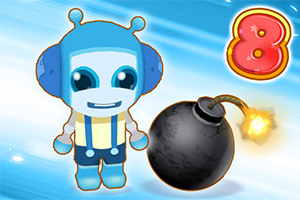 Niebieski robot z dużymi oczami obok czarnej bomby z iskrzącym lontem i cyfrą osiem na jasnoniebieskim tle