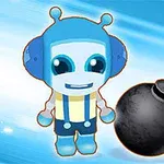 Niebieski robot z dużymi oczami obok czarnej bomby z iskrzącym lontem i cyfrą osiem na jasnoniebieskim tle