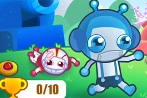 Bohater w niebieskim stroju z dużymi oczami i jego ranny towarzysz na tle zielonego krajobrazu z niebieską konstrukcją i licznikiem w postaci pucharu 0/10