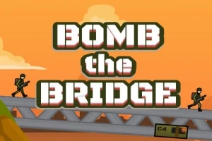 Napis Bomb the Bridge na tle pomarańczowego nieba, z dwoma żołnierzami biegnącymi po moście