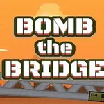 Napis Bomb the Bridge na tle pomarańczowego nieba, z dwoma żołnierzami biegnącymi po moście