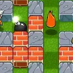 Postać z siwymi włosami stoi obok czarnej bomby na tle ceglanego i kamiennego labiryntu, z płomieniem i postacią wikinga w rogu