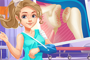 Postać z opatrunkiem na ramieniu i tematyczny plakat z rysunkiem urazu kości w tle