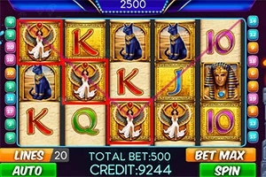 Automat z tematyką starożytnego Egiptu, z symbolami kotów, faraonów i hieroglifów na bębnach oraz przyciskami do sterowania poniżej