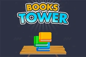 Stos kolorowych książek ułożonych na drewnianym stole z napisem BOOKS TOWER na ciemnym tle