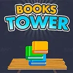 Stos kolorowych książek ułożonych na drewnianym stole z napisem BOOKS TOWER na ciemnym tle