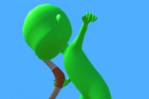 Zielona kreskówkowa postać w dynamicznej pozycji trzymająca bumerang na niebieskim tle