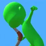 Zielona kreskówkowa postać w dynamicznej pozycji trzymająca bumerang na niebieskim tle