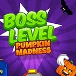 Napis Boss Level: Pumpkin Madness na fioletowym tle z grafikami dyni, nietoperzy i pikselowych elementów