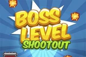 Żółty napis Boss Level Shootout na niebieskim tle z eksplozjami wokół