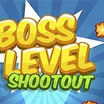 Żółty napis Boss Level Shootout na niebieskim tle z eksplozjami wokół