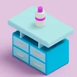 Niebieska szafka z czterema szufladami i jasnozielonym blatem, na którym stoi biały pojemnik z fioletowym paskiem, na różowym tle