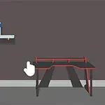 Nowoczesne biurko i fotel gamingowy z czarno-czerwonymi akcentami na tle ciemnej ściany, obok półka z butelką