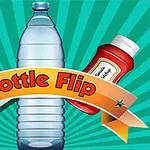 Butelka wody, karton mleka i butelka ketchupu na tle promieni z napisem Bottle Flip na wstędze