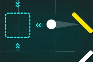 Biała kulka zbliża się do przerywanego, niebieskiego kwadratu na ciemnym tle z żółtą linią po prawej stronie
