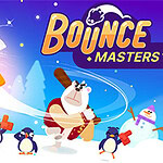 Pingwin wyrzucony w powietrze przez niedźwiedzia z kijem na tle zimowego krajobrazu z innymi pingwinami na dole