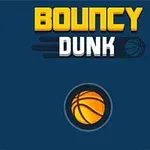 Niebieskie tło z dużym, żółtym napisem BOUNCY DUNK oraz pomarańczową piłką do koszykówki poniżej