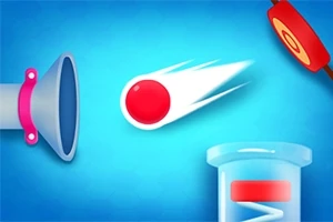 Czerwona kula poruszająca się z dużą prędkością na niebieskim tle w otoczeniu lejkowatego obiektu, okrągłego celu i szklanej tuby