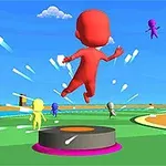 Postacie w kolorach czerwonym, żółtym i fioletowym na jasnozielonym tle z niebem i chmurami