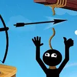 Czarna postać z łukiem i strzałą celuje, aby uwolnić inną postać wiszącą na linie, na dole siedzi żaba