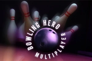 Fioletowa kula do kręgli na tle przewracających się kręgli z napisem Bowling Hero Multiplayer