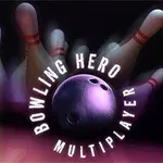 Fioletowa kula do kręgli na tle przewracających się kręgli z napisem Bowling Hero Multiplayer