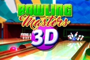 Kolorowa grafika z napisami Bowling Masters 3D na tle kręgielni z kulą i przewróconymi kręglami