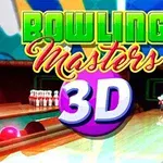 Kolorowa grafika z napisami Bowling Masters 3D na tle kręgielni z kulą i przewróconymi kręglami
