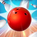 Czerwona kula do kręgli uderzająca w rozsypujące się kręgle na dynamicznym, niebieskim tle