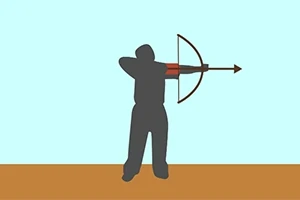Sylwetka człowieka strzelającego z łuku na tle nieba, stojącego na brązowej powierzchni