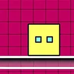Żółty kwadrat z niebieskimi oczami na różowym tle z siatką, stojący na białej linii