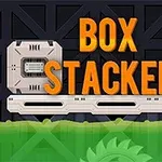 Pomarańczowy napis BOX STACKER na tle taśmy produkcyjnej z białymi skrzyniami i zielonymi elementami u dołu