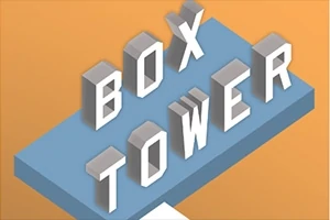 Trójwymiarowe litery układające się w napis BOX TOWER na niebieskiej platformie z pomarańczowym tłem