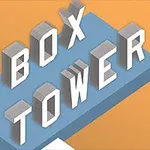 Trójwymiarowe litery układające się w napis BOX TOWER na niebieskiej platformie z pomarańczowym tłem