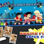 Pikselowa grafika przedstawiająca walkę bokserów w ringu z napisem Boxing Fighter Super Punch na dole
