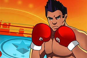 Animowany bokser w czerwonych rękawicach stoi w ringu na tle pomarańczowego nieba