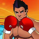 Animowany bokser w czerwonych rękawicach stoi w ringu na tle pomarańczowego nieba