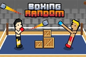 Dwóch pikselowych bokserów walczących na ringu z drewnianymi skrzynkami, z napisem BOXING RANDOM na górze