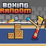 Dwóch pikselowych bokserów walczących na ringu z drewnianymi skrzynkami, z napisem BOXING RANDOM na górze