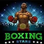 Bokser w czerwonych rękawicach z uniesioną głową i pasem mistrzowskim, na tle wiwatującego tłumu oraz gwiazd na niebie