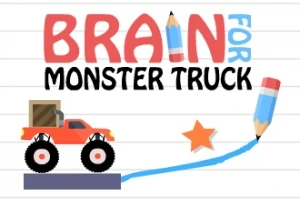 Czerwony monster truck z pudełkiem na pace, niebieska linia rysowana ołówkiem i pomarańczowa gwiazdka na białym tle z napisem