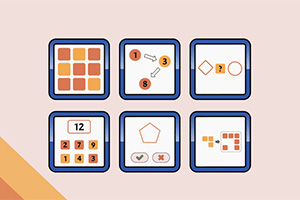 Sześć paneli z różnymi łamigłówkami wizualnymi, w tym układanki i symbole matematyczne