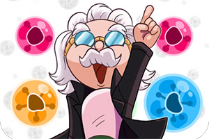 Postać z białymi włosami i wąsami, w okularach przeciwsłonecznych, wskazująca palcem do góry, otoczona kolorowymi kulami