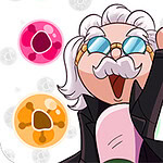 Postać z białymi włosami i wąsami, w okularach przeciwsłonecznych, wskazująca palcem do góry, otoczona kolorowymi kulami