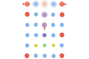 Siatka kolorowych kropek, głównie niebieskich, z większymi czerwonymi i centralnym fioletowym kółkiem na tle białym