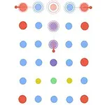 Siatka kolorowych kropek, głównie niebieskich, z większymi czerwonymi i centralnym fioletowym kółkiem na tle białym