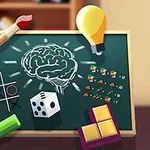 Na obrazie znajduje się tablica z rysunkiem mózgu, ołówkiem, żarówką, kostką do gry i elementami klocków oraz symbolami gier logicznych