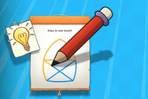 Duży czerwony ołówek nad kartką z rysunkiem geometrycznym i ikoną żarówki na niebieskim tle