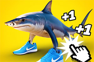 Rekin z nogami, ubraną w niebieskie buty sportowe, na żółtym tle z symbolami +1 i ikoną kursora