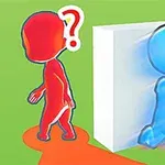 Czerwona postać z pytajnikiem nad głową i niebieska postać przechodząca przez ścianę